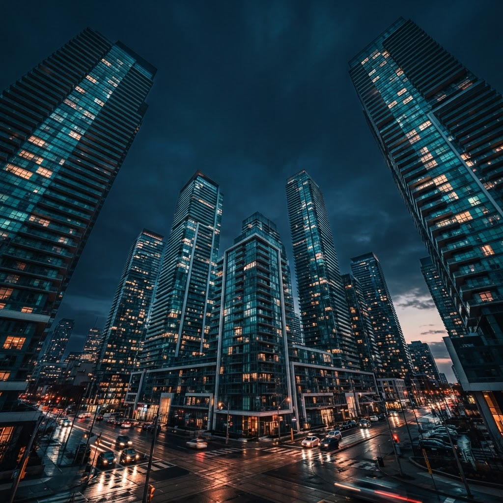 Modern high-rise condominium towers in Toronto at blue hour