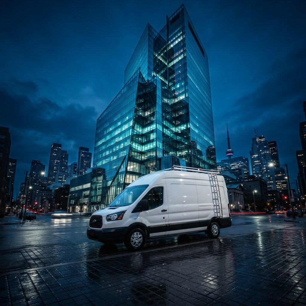HAR Plumbing service van in front of a modern office tower in Toronto