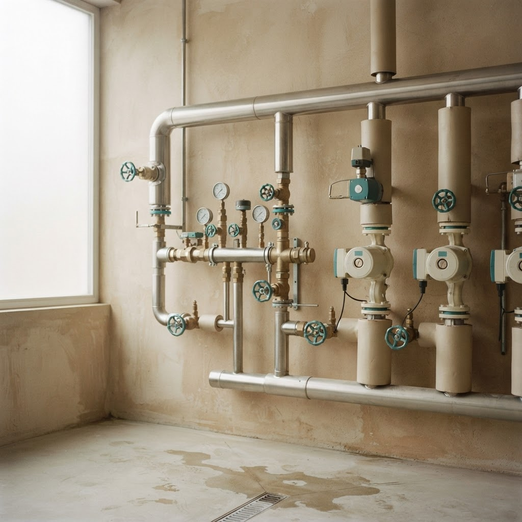 Commercial building mechanical room with pumps and pressure reducing valves