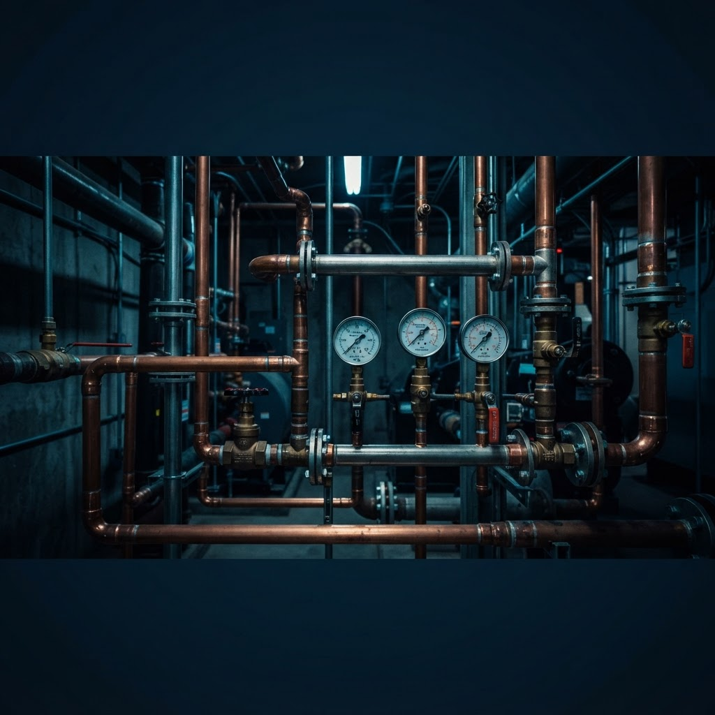 Commercial plumbing pipes, brass valves and pressure gauges in a mechanical room