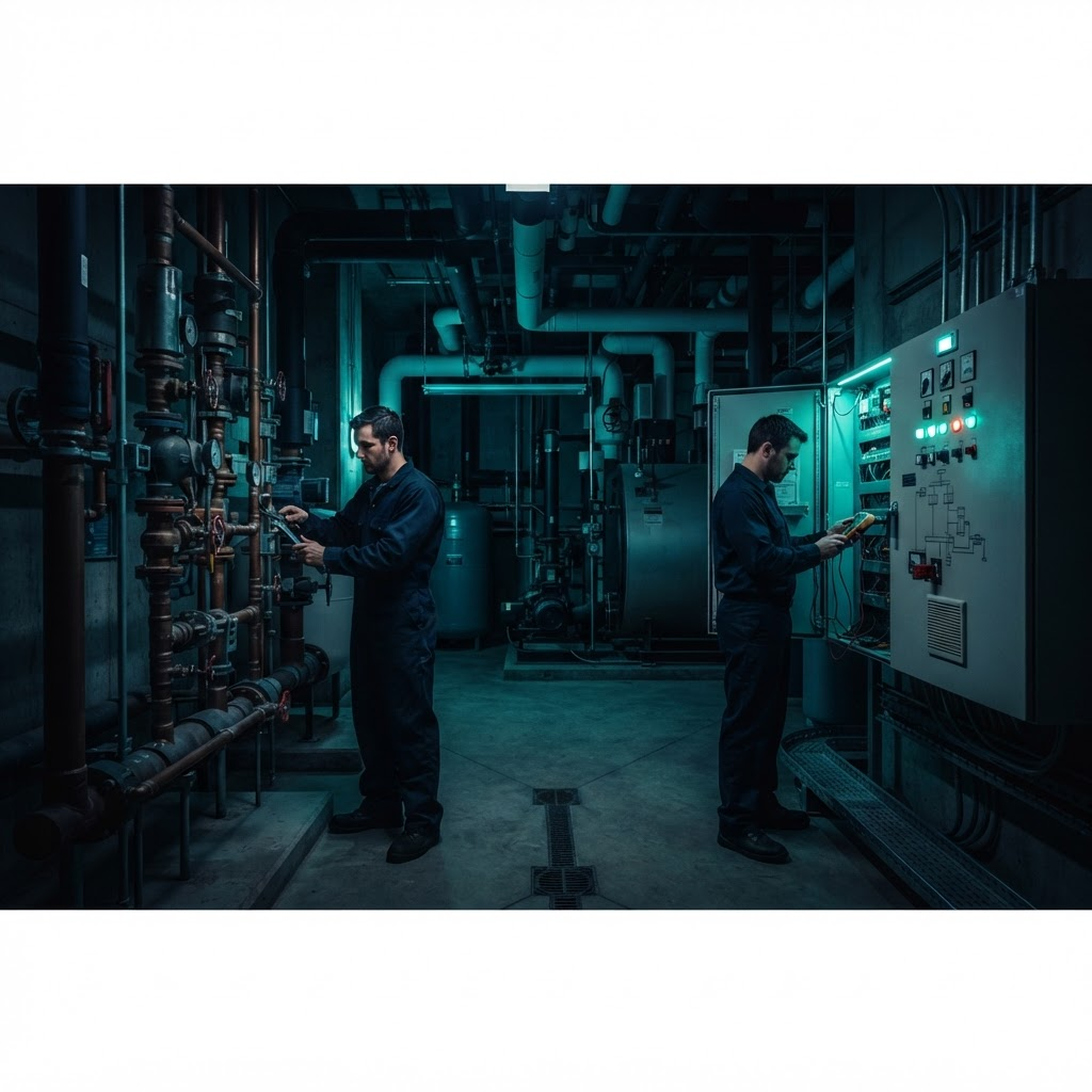 HAR technicians servicing industrial piping in a building mechanical room